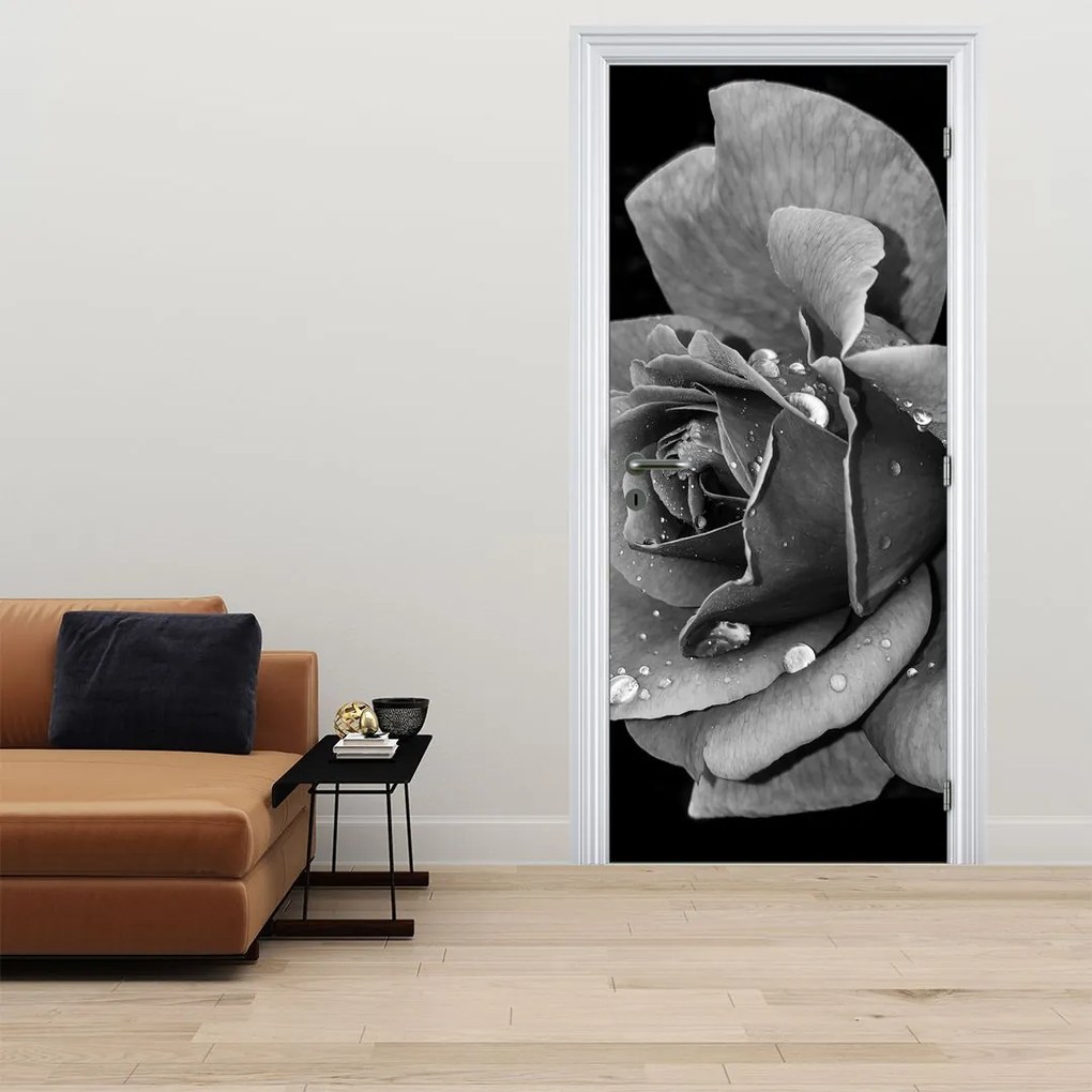 Fotótapéta ajtóra - Rózsa, fekete-fehér (95x205cm)