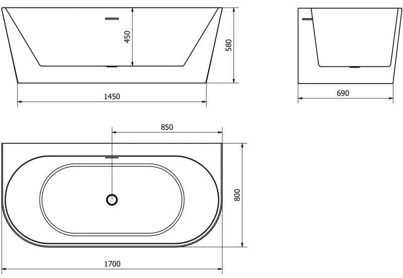 Mexen Oval+, falhoz szabadon álló kád 170 x 80 cm, fehér fényes, szálcsiszolt acél, 52681708000-97