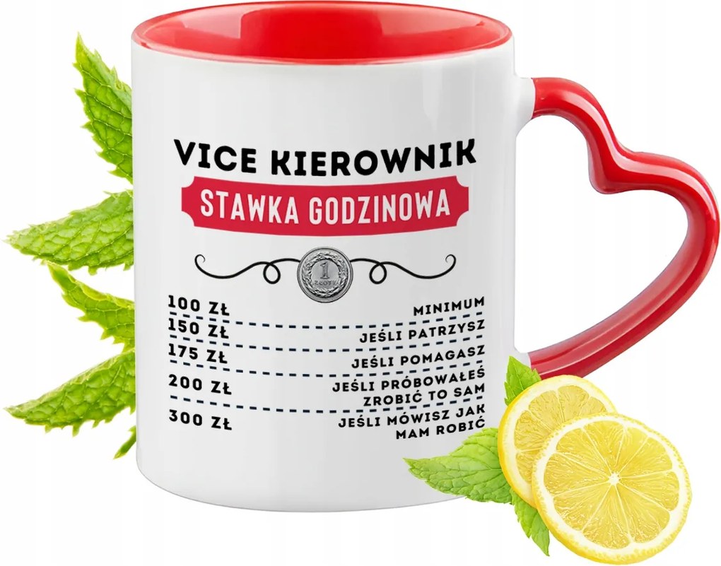 Piros bögre szív alakú füllel Vice Managernek Ajándék