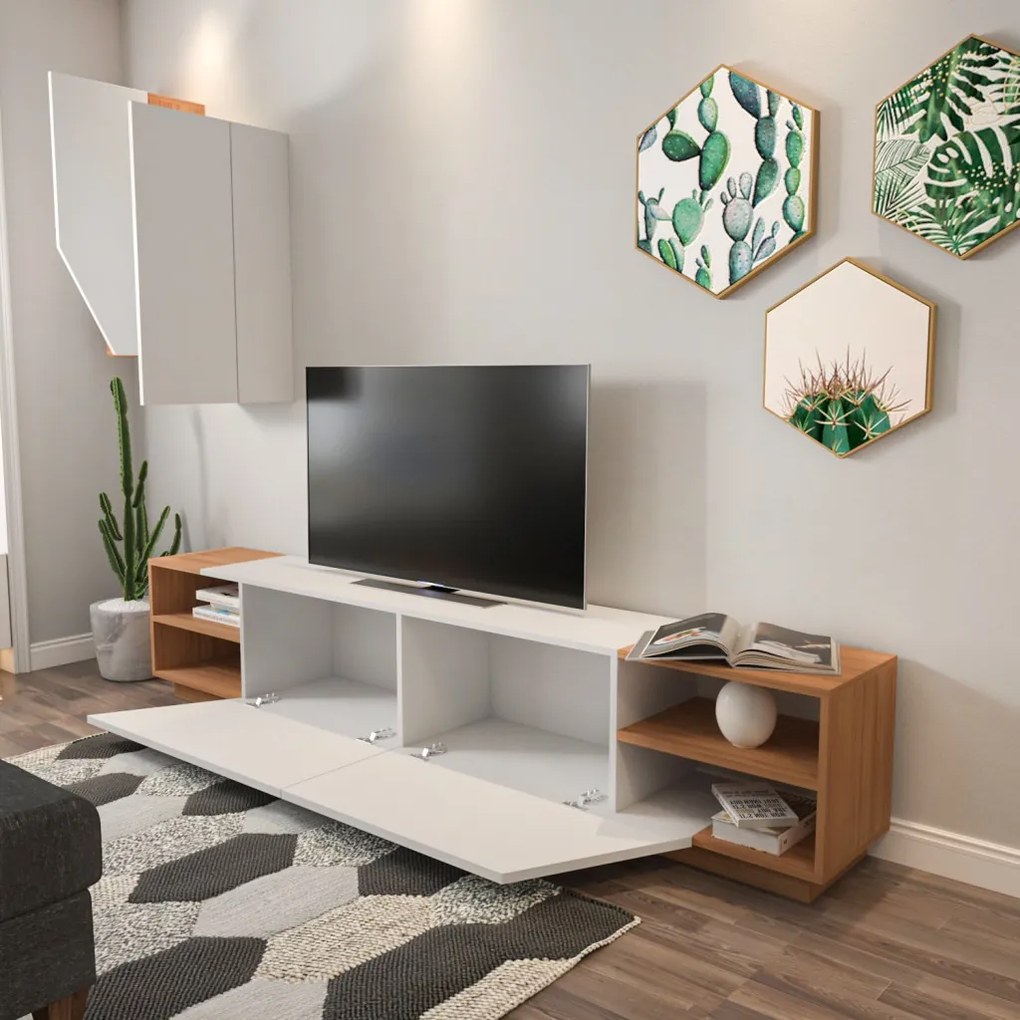 Zebra TV-állvány, fehér-teak, 240 cm