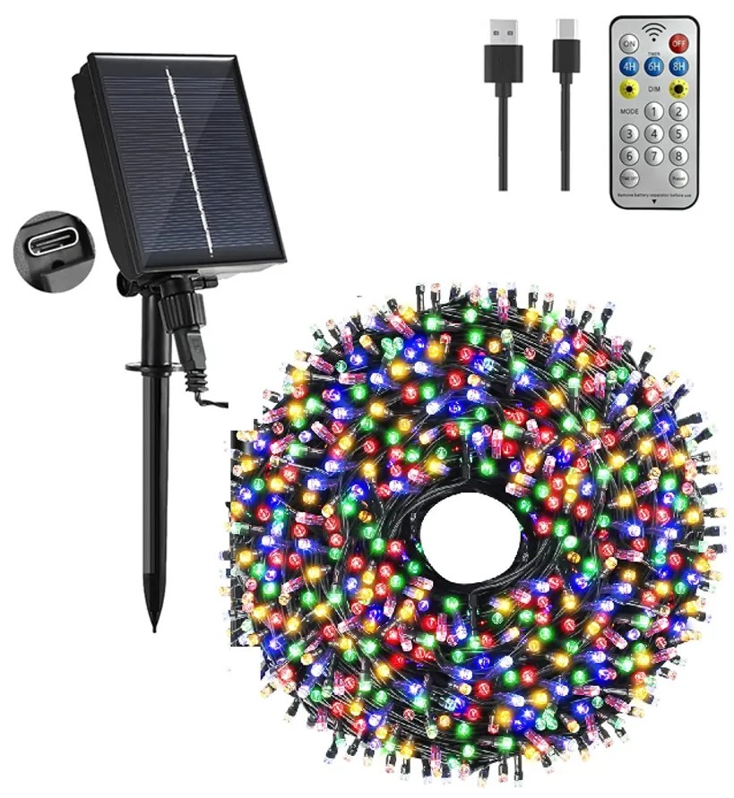 21 m-es 480 LED-es hybrid tölthető-napelemes fényfüzér, RGB színes, 8 világítási mód, időzíthető, távvezérlős