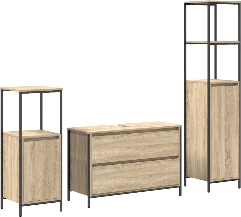 vidaXL Fürdőszoba bútor szett fiókkal 3 pcs Sonoma tölgy Faanyag