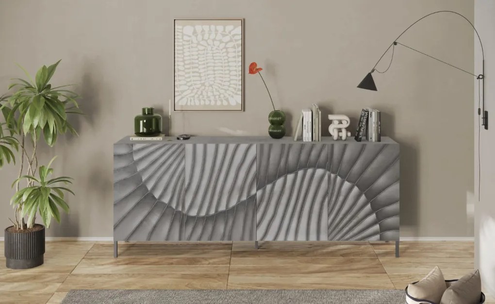 SNAKE négyajtós komód, betonhatású laminált testtel és szürke, díszített mintázatú előlapokkal