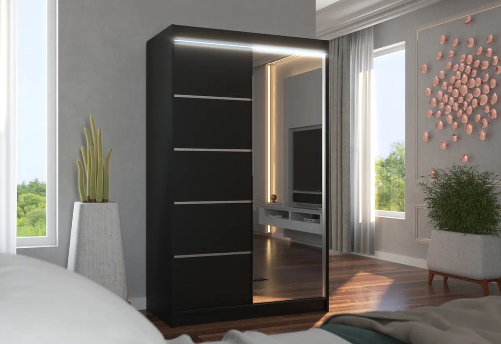 ANCORA tolóajtós ruhásszekrény tükörrel, 120x200x58, sonoma/fehér + LED