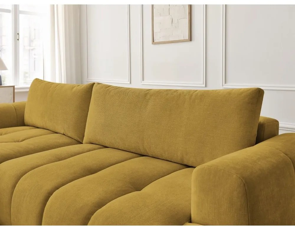 Mustársárga kinyitható-tárolóhelyes sarokkanapé (bal oldali-heverő résszel) Fuji – Bobochic Paris