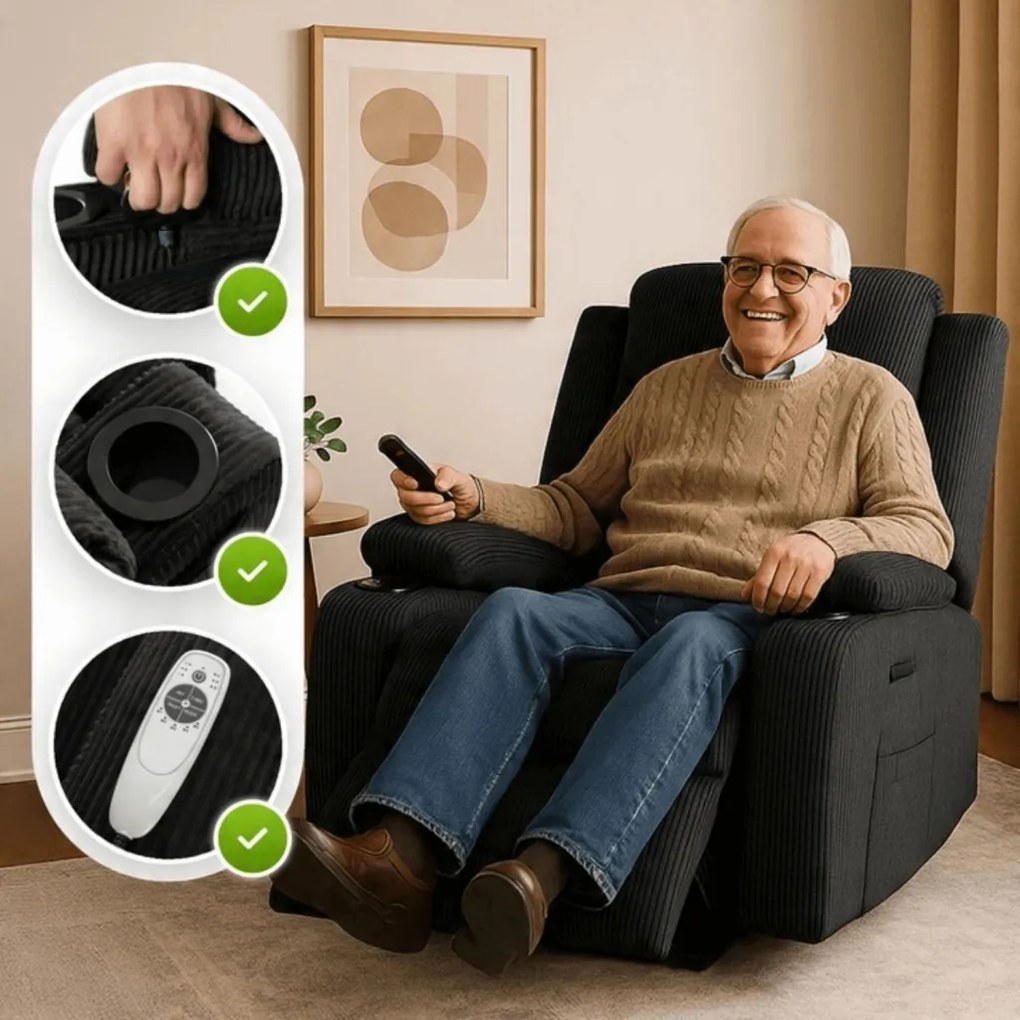 Elektromosan Vezérelhető Masszázsfunkciós Relaxfotel Fekete Kordbársony Kárpittal. BOX2