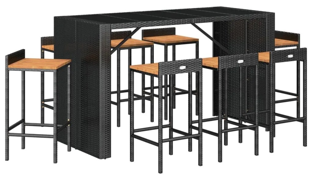 9 részes fekete polyrattan és tömör akácfa kerti bárszett
