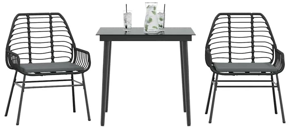 3 részes fekete polyrattan üveg kerti étkezőgarnitúra párnákkal