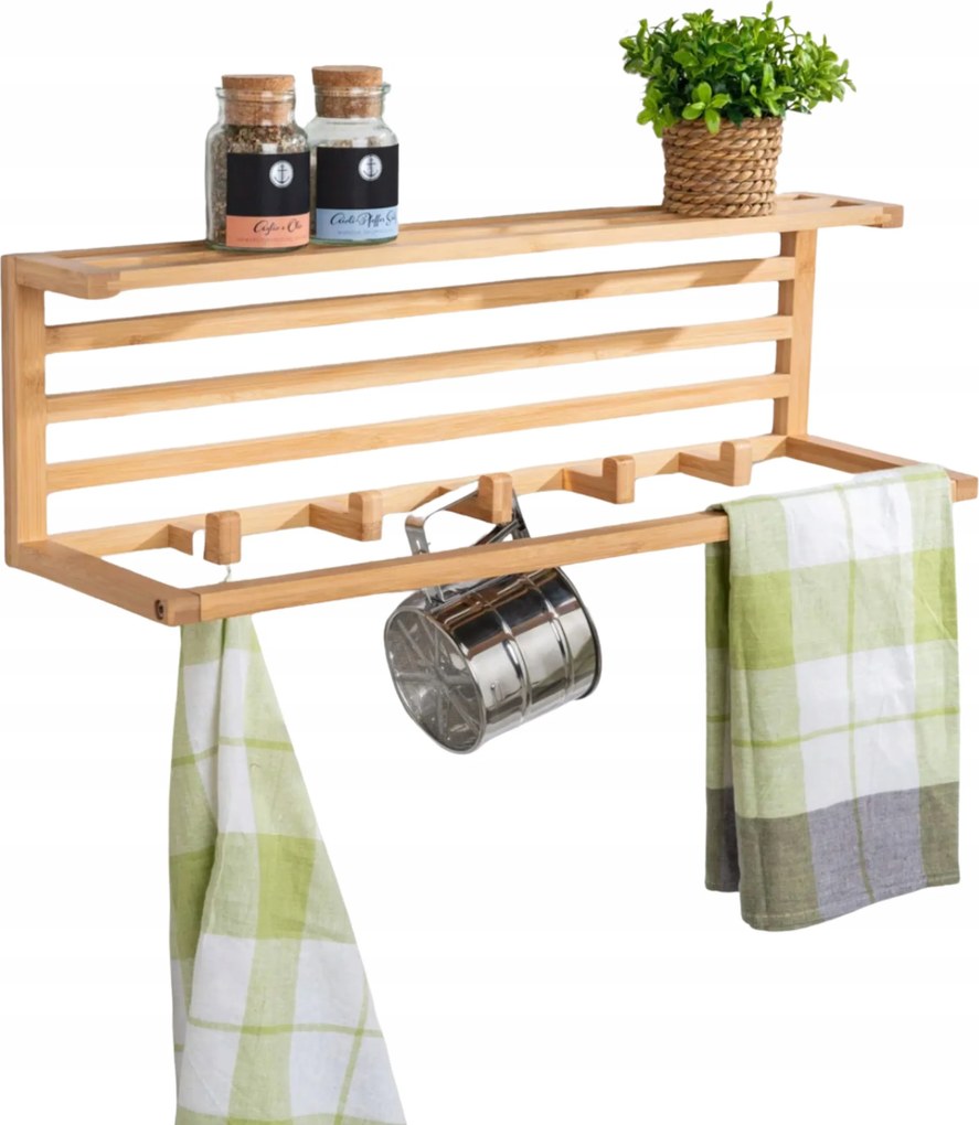 Fali Könyvespolc Akasztóval Bambusz Konyhai Rendszerező 62 x 17 x 18 CM