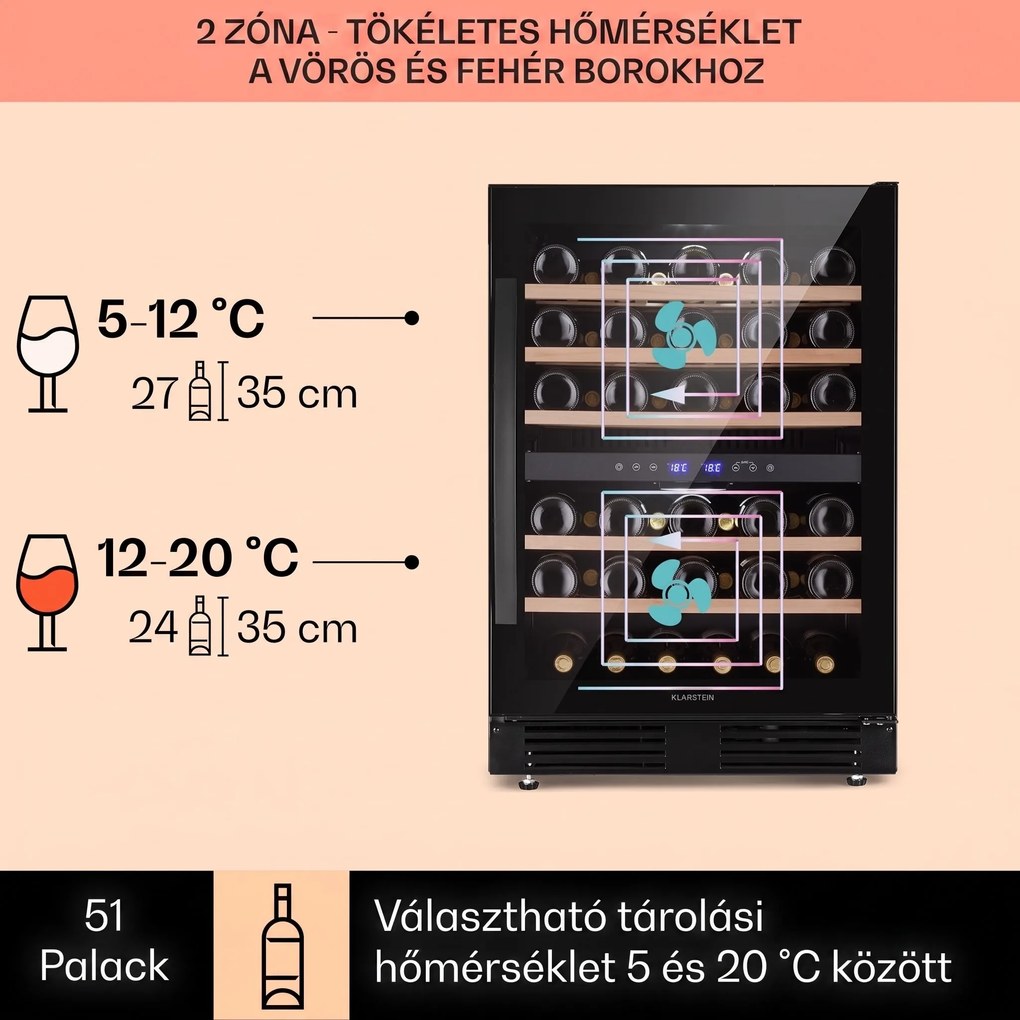 Klarstein Vinovilla 50 Duo kétszintes borhűtő 53 l, 17 palack, háromszínű üvegajtó