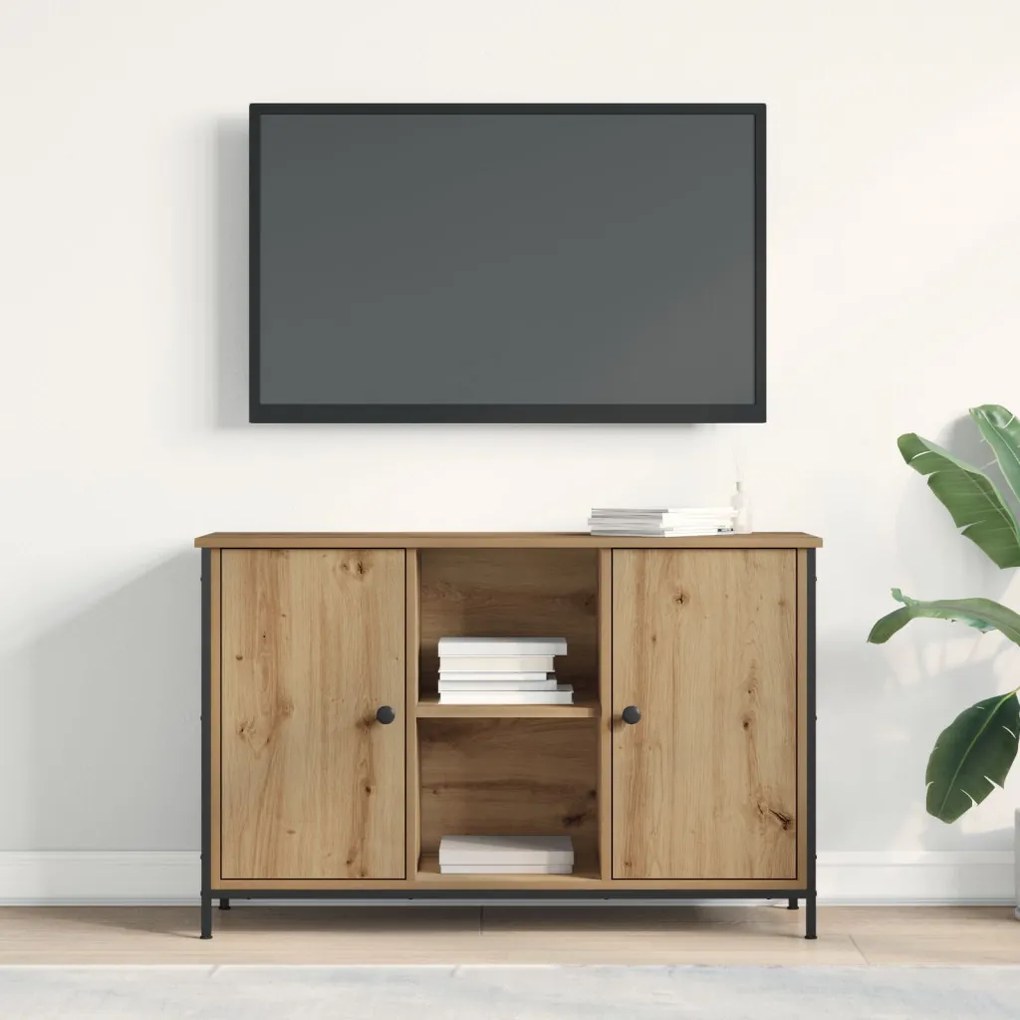 TV Szekrény Fekete Tölgy 101x35x65 cm Műanyag Fa és Acél