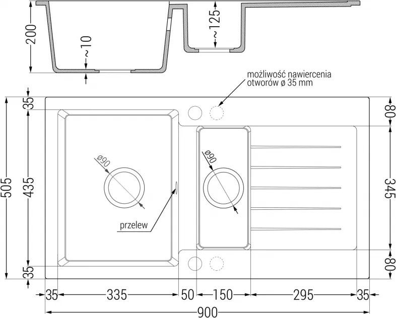 Mexen Matias - gránit mosogató 90,0x50,5cm, 1,5 kamrás, fekete, 6502901505-77