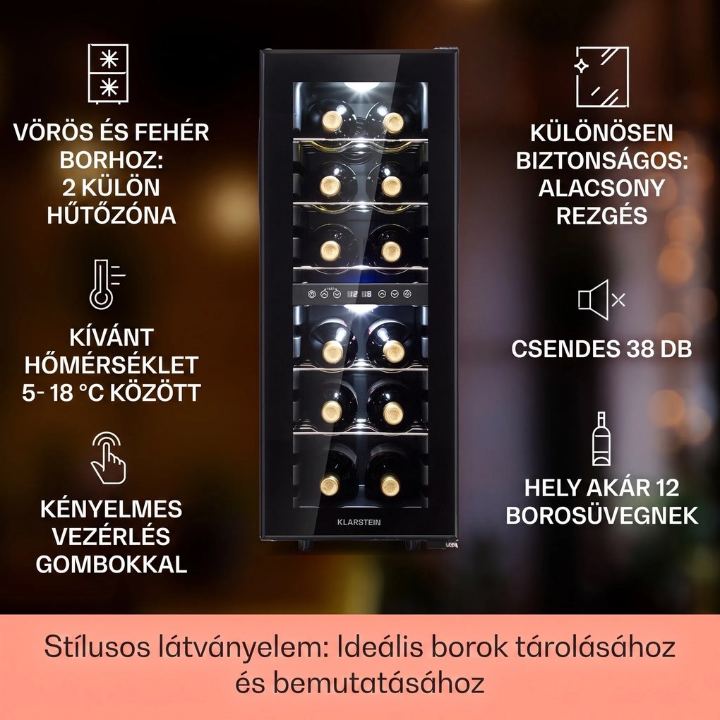 Klarstein Shiraz 12 Duo borhűtő 2 zónás 42L/12 palack 5-12 / 12-18 °C érintőképernyővel