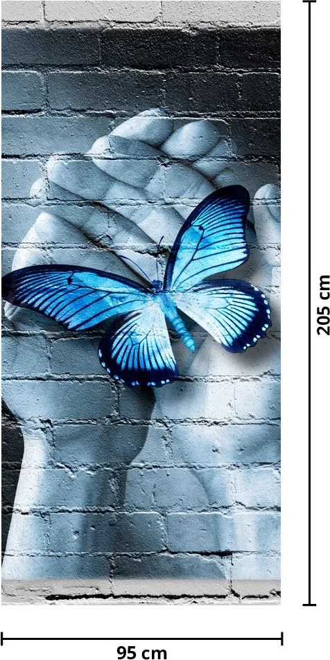 Fotótapéta ajtóra - Kék pillangó a falon (95x205cm)