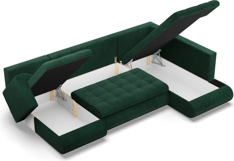 Tokio U sarokkanapé, 3 ágyneműtartóval, kordbársony, jobboldali, zöld