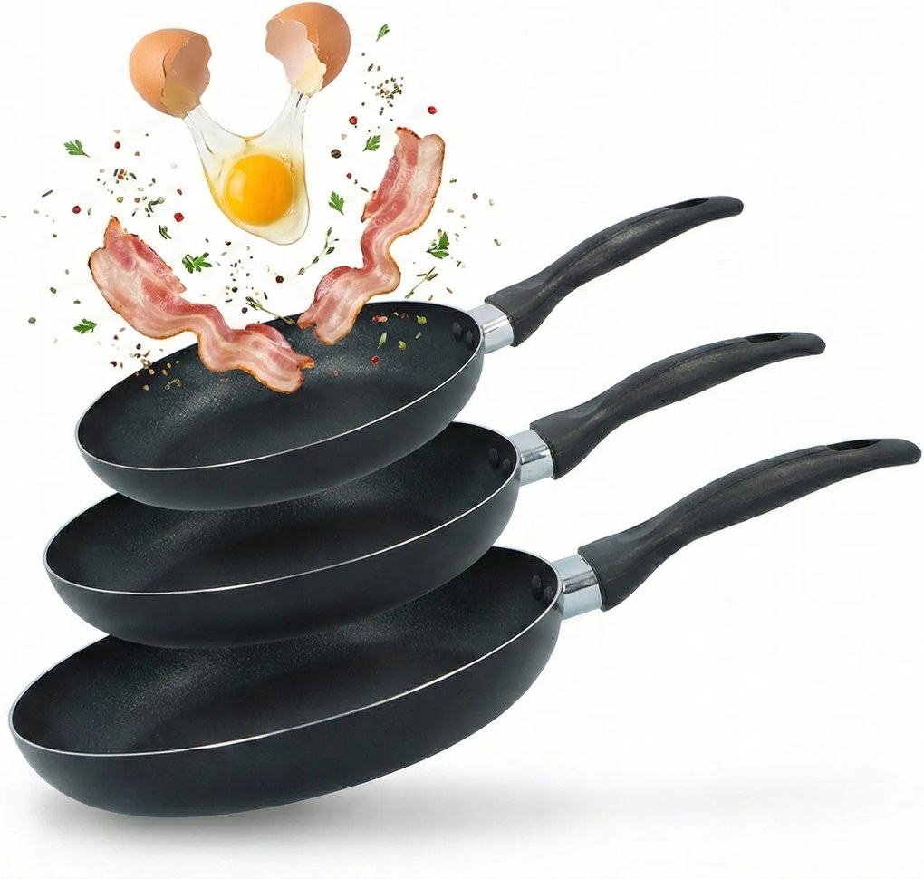Serpenyő Szett 3 Db 20 24 28 CM Indukciós Gáz Halogén Non-stick Fekete
