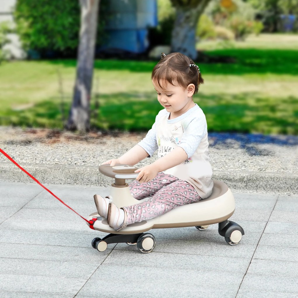 AIYAPLAY Wiggle Ride-On 2+ éves gyermekeknek húzózsinórral, zenével, fénnyel és tárolóhellyel 69x31x69 cm Khaki | Aosom