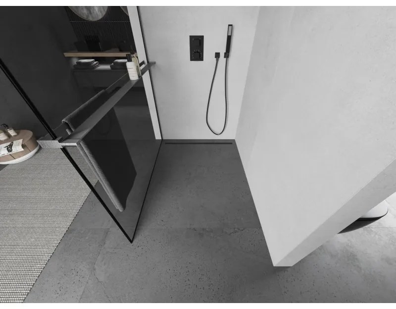 Mexen Kioto+, Walk-In zuhany paraván polccal és akasztóval 90 x 200 cm, 8 mm átlátszó üveg fekete mintás, grafit profil, 800-090-121-66-70