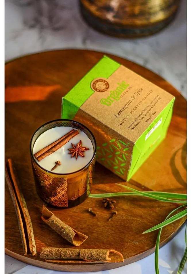 Organikus füstölő gyertya Lemongrass & Spice200 g üvegben, aranyfóliával