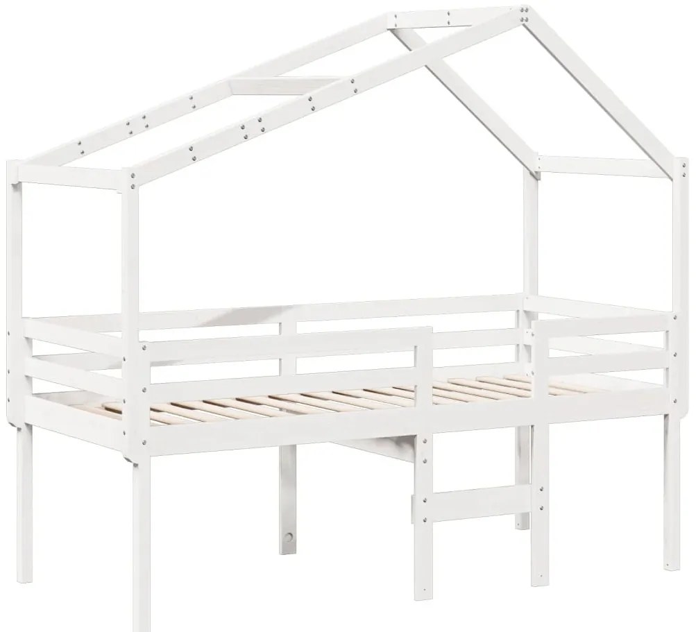 fehér tömör fenyőfa magasított ágy tetővel 75 x 190 cm