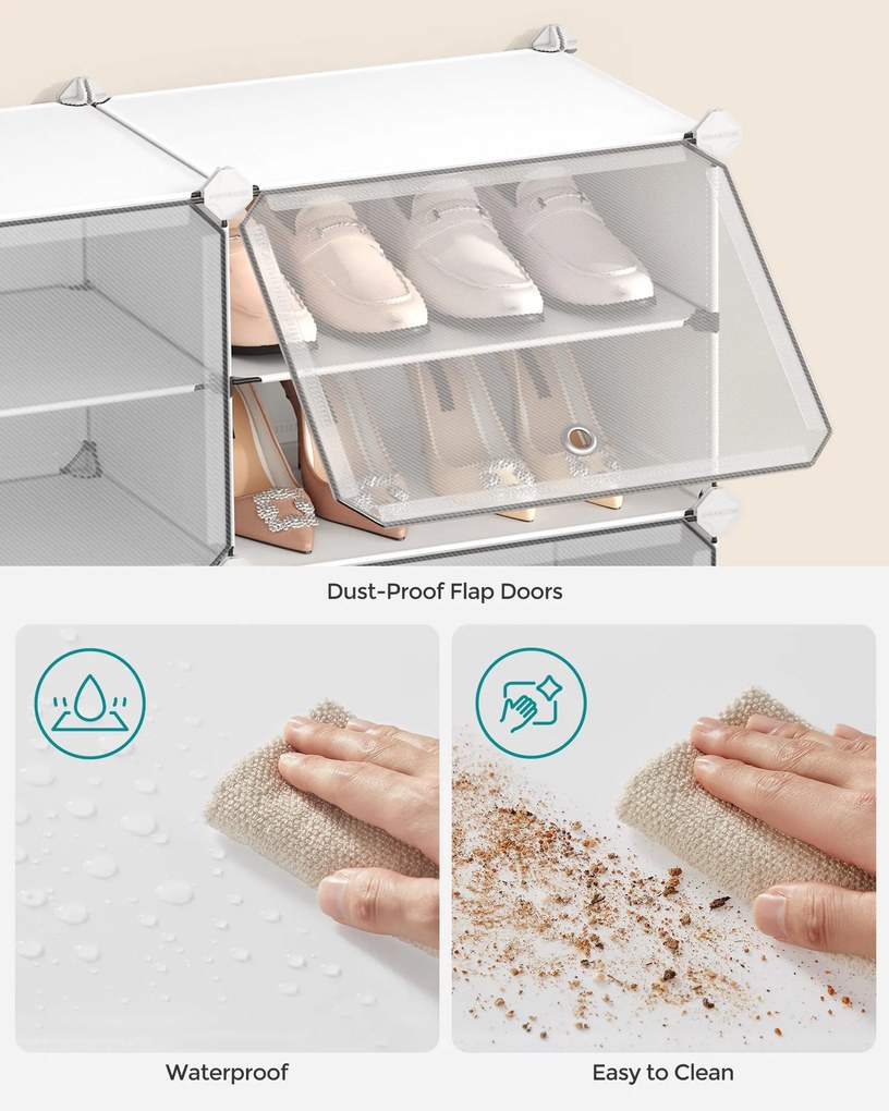 Összekapcsolható cipőtartó állvány akár 48 pár cipőhöz, fehér és átlátszó