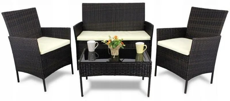 Aldotrade GardenLine rattan kerti garnitúra, barna + krémszínű ülőpárna
