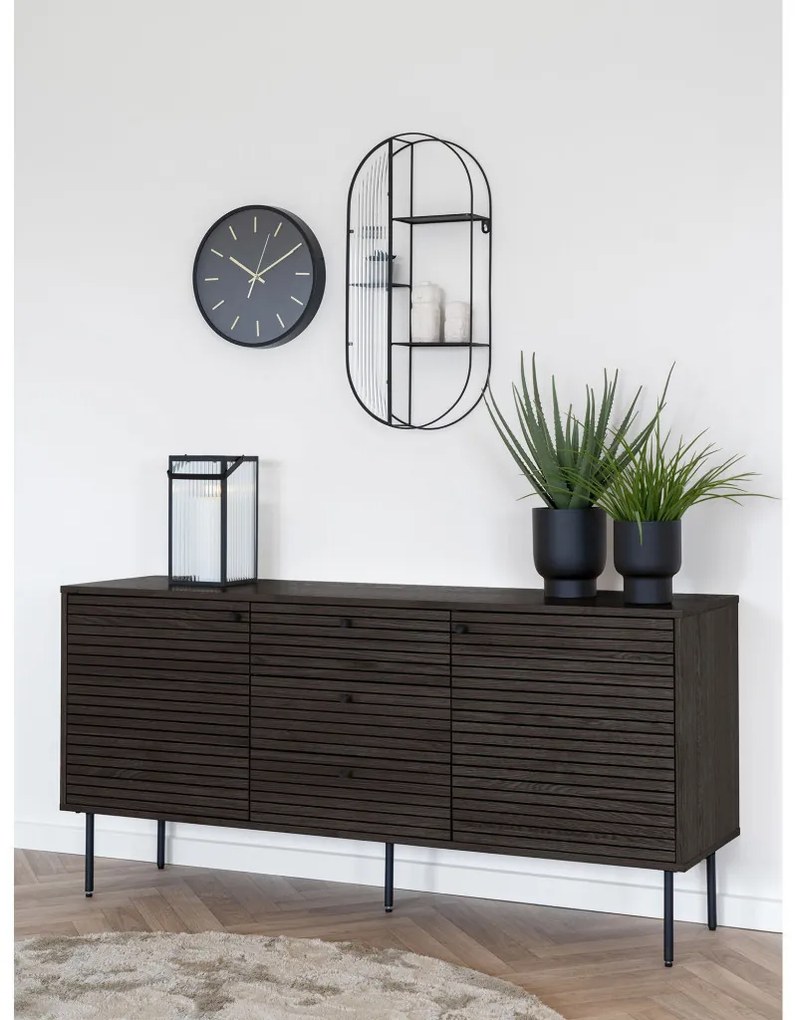 Kyoto komód 3 fiókkal, 2 ajtóval, tölgyfa furnér, füstölt, fekete fém lábakkal, 150x40x74 cm