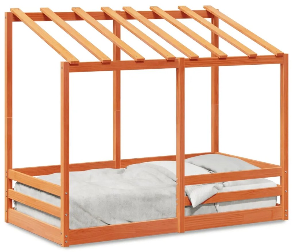 viaszbarna tömör fenyőfa gyerekágy tetővel 70 x 140 cm