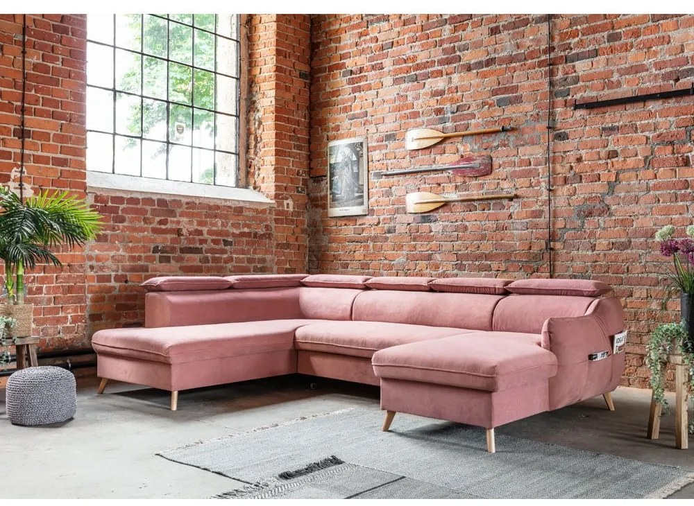 Világos rózsaszín bársony kinyitható sarokkanapé (bal oldali-"U" alakú) Sweet Harmony – Miuform
