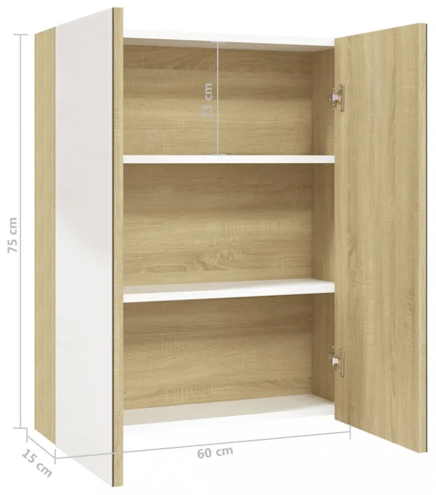 fehér és tölgy MDF tükrös fürdőszobaszekrény 60 x 15 x 75 cm