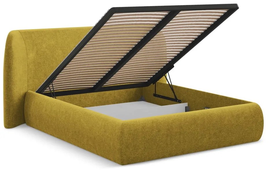 Mustársárga kárpitozott ágyneműtartós franciaágy ágyráccsal 160x200 cm Hauke – Makamii