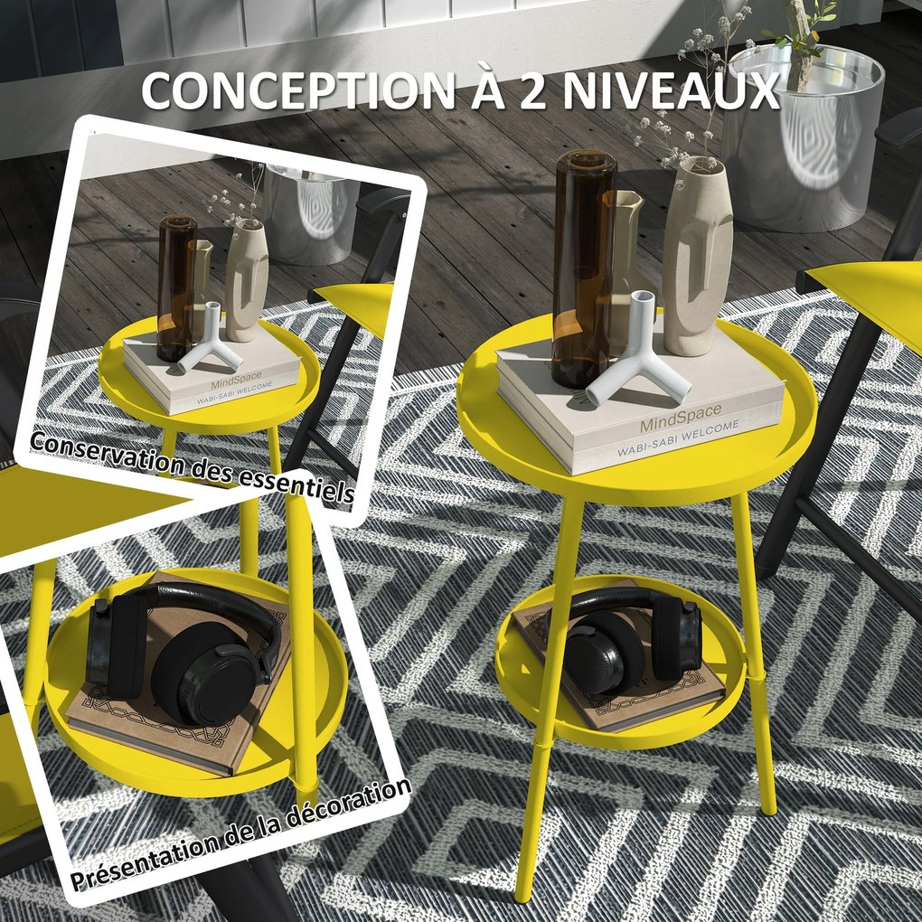 Outsunny Kicsi Két Szintes Kerek Oldalsó Asztal, Kerti Asztal, Teraszra, Nappaliba, Erkélyre, Fém, Sárga | Aosom