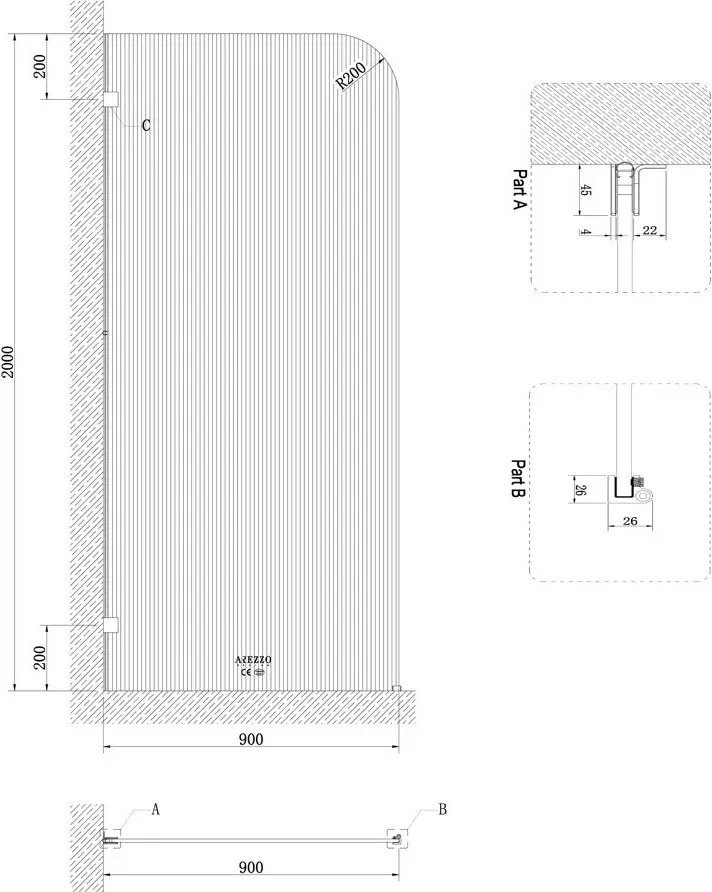 AREZZO design CLEAR walk-in zuhanyfal, bordázott 900x2000
