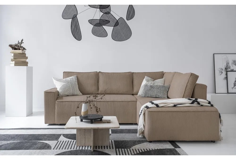 Bézs kordbársony kinyitható sarokkanapé (jobb oldali) Brave Dave – Miuform