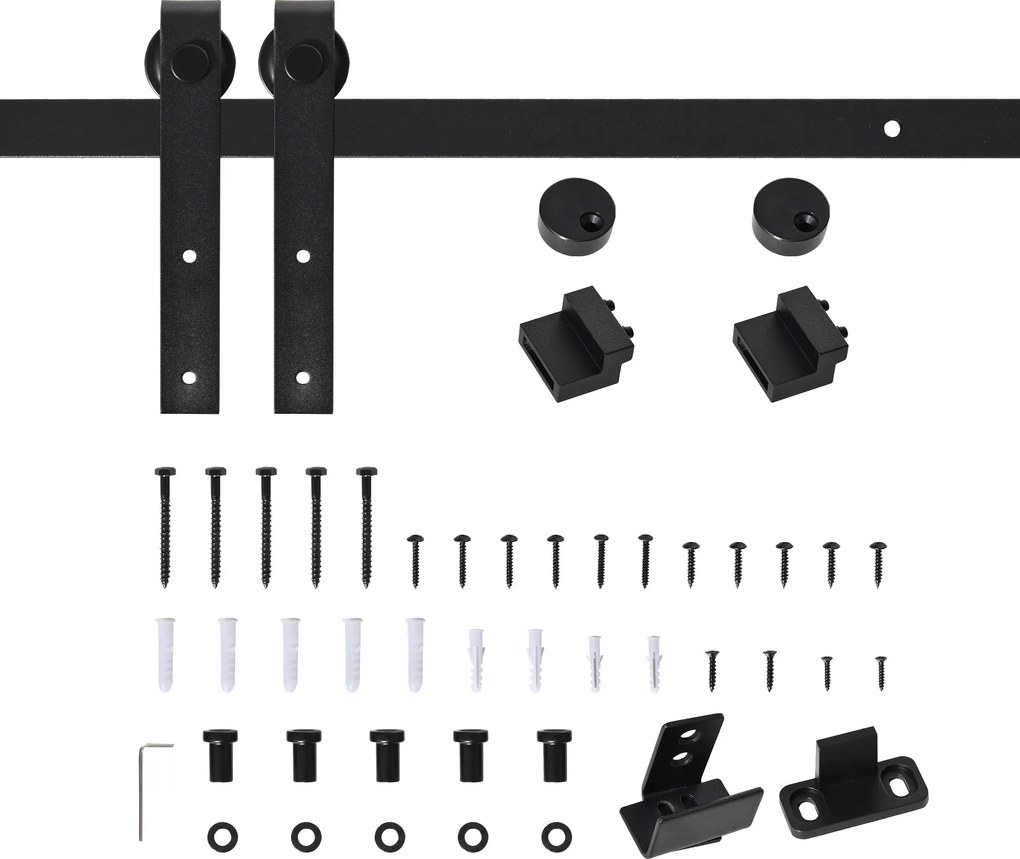 HOMCOM 183 cm Tolóajtó Komplett Készlet Tolóajtó Hardver Készlet Padlóvezetővel, Tolóajtó Sínekkel és Tolóajtó Görgő Rendszerrel Egyszemélyes Fa Tolóa