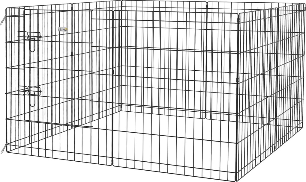 PawHut Kiskutya Játékkerítés 76 cm Magas, 8 Darabos Rács Zárral, DIY Kiskutya Játékkerítés Közepes Kutyák, Tengerimalacok, Nyulak Számára, Fém, Fekete