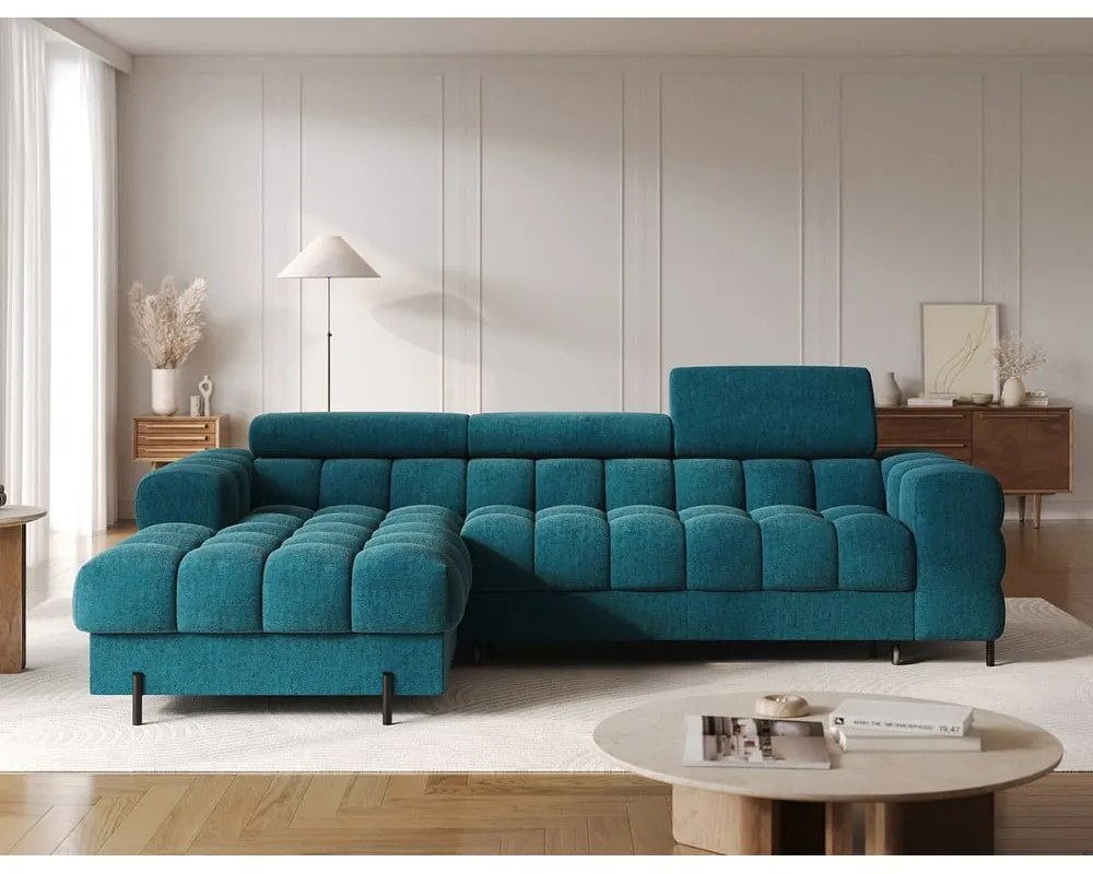 Kék buklé kinyitható-tárolóhelyes sarokkanapé (bal oldali-heverő résszel) Felro – ELTAP