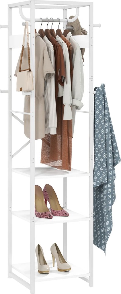 HOMCOM Álló Kabátállvány Polccal és 3 Nyitott Polccal, MDF és Acél Anyagból Előszobába és Hálószobába, 38,5x30x170 cm, Fehér | Aosom