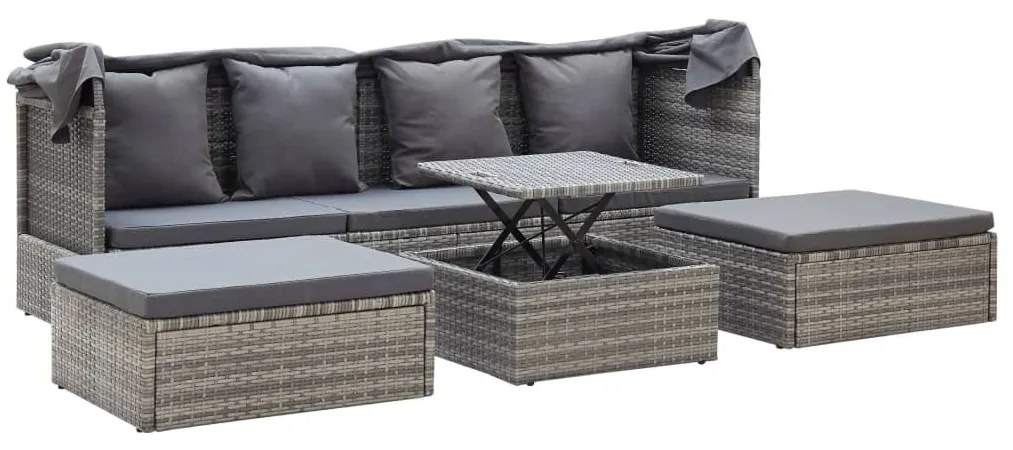 Szürke polyrattan kerti napozóágy tetővel