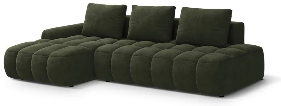 Zöld bársony kinyitható-tárolóhelyes sarokkanapé (bal oldali-heverő résszel) Linz – Cosmopolitan Design