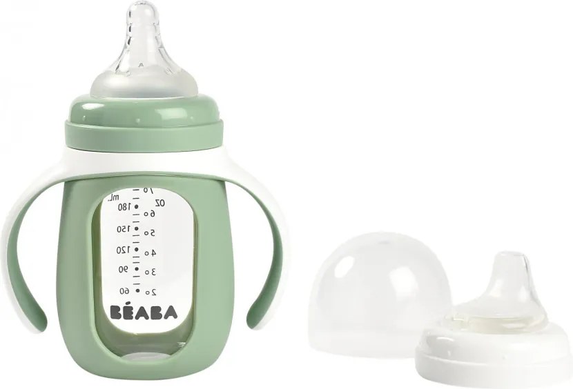 Béaba 2 az 1-ben Tanuló cumisüveg 210 ml + Szilikon borítással - Zsályazöld