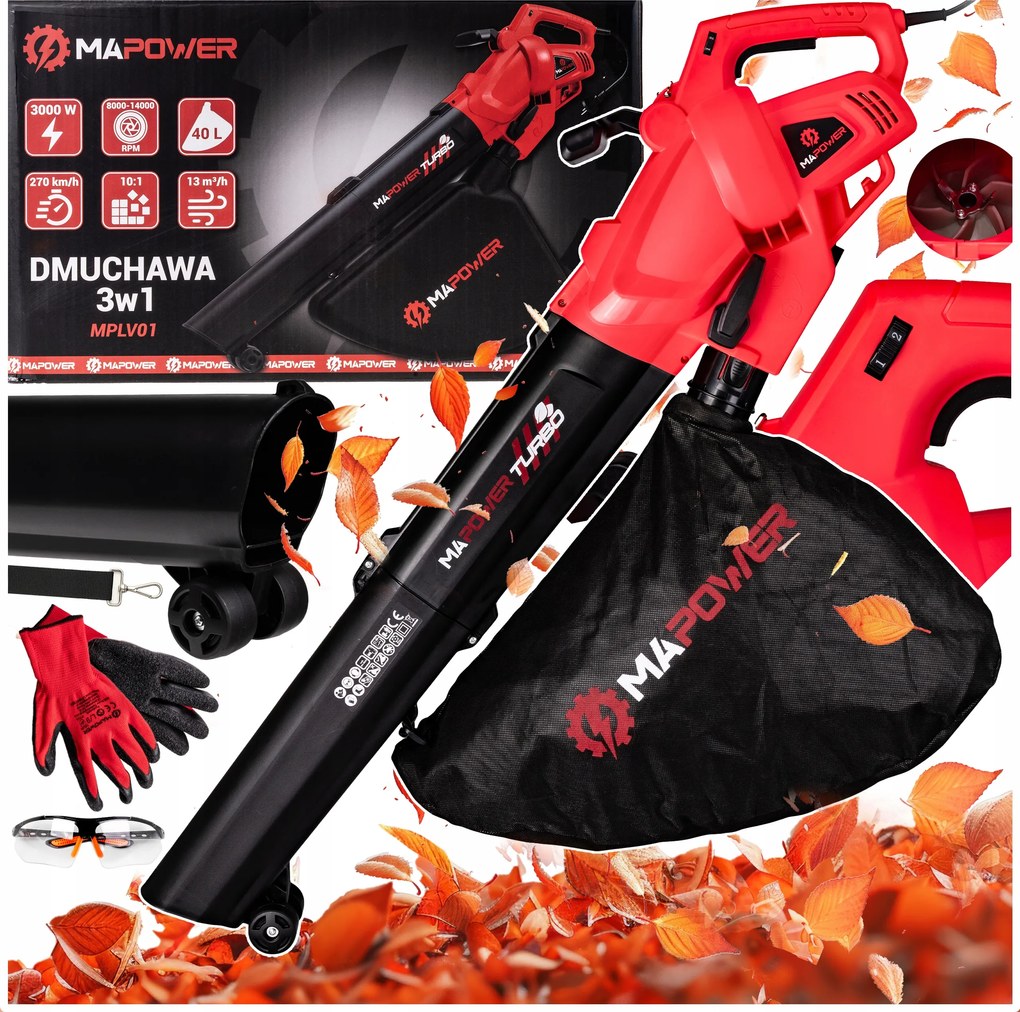 Elektromos Levélfúvó Aprítóval Levélporszívó 3az1ben 3000W