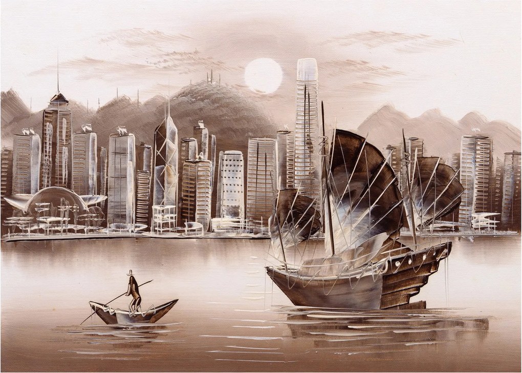 Kép - Victoria Harbour, Hong Kong, szépia hatás (üvegen) (70x50 cm)