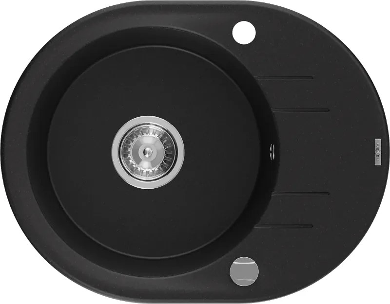 Mexen Kevin egymedencés, csepptálcás gránit mosogató 586 x 458 mm, fekete, króm szifon - 6517581005-77