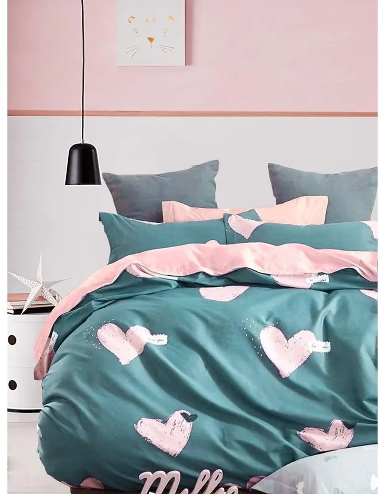 Zöld-rózsaszín kétszemélyes hosszabbított négyrészes renforcé pamut ágyneműhuzat lepedővel 200x220 cm Beloved – Mila Home