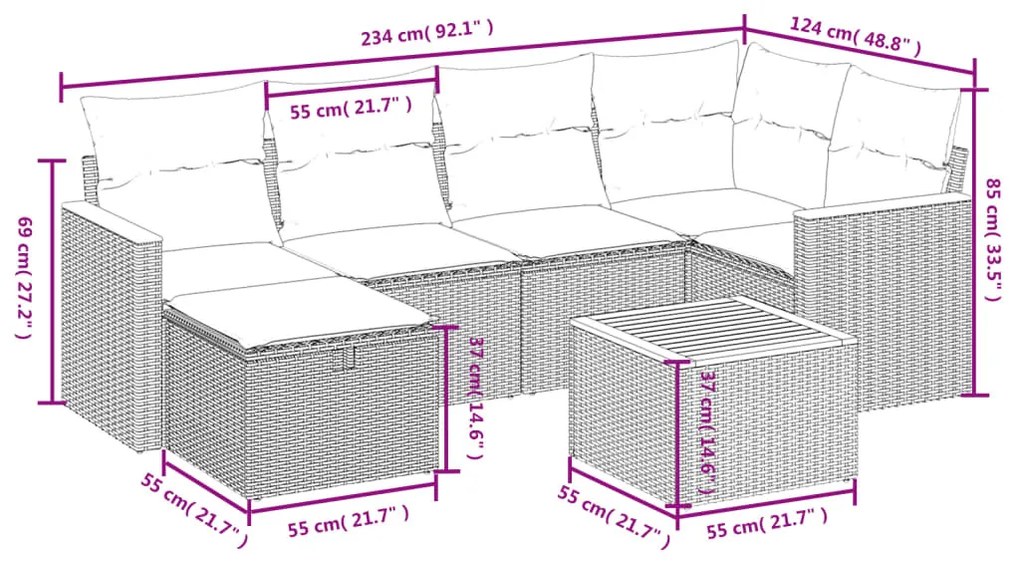 7 részes fekete polyrattan kerti ülőgarnitúra párnával