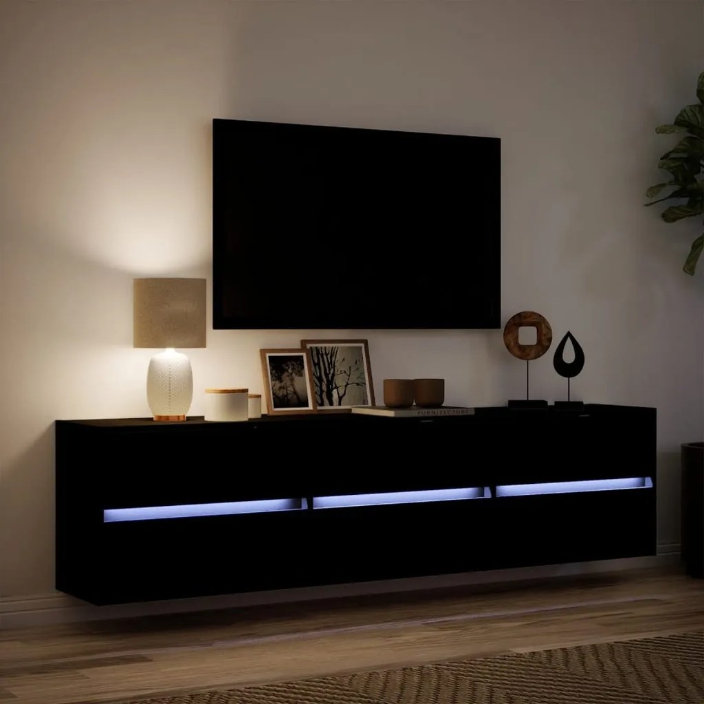 fekete falra szerelhető TV-szekrény LED-del 180 x 31 x 45 cm