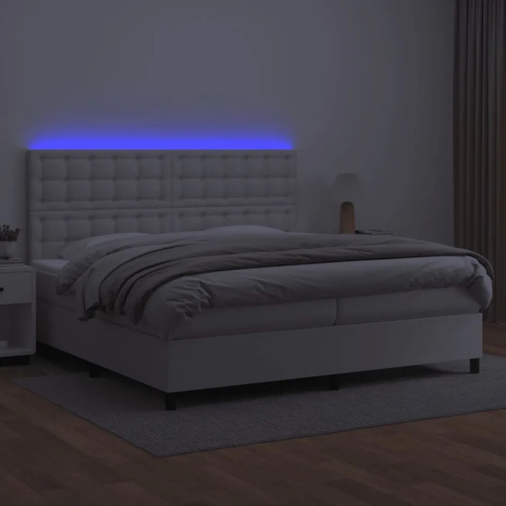 fehér műbőr rugós ágy matraccal és LED-del 200x200 cm