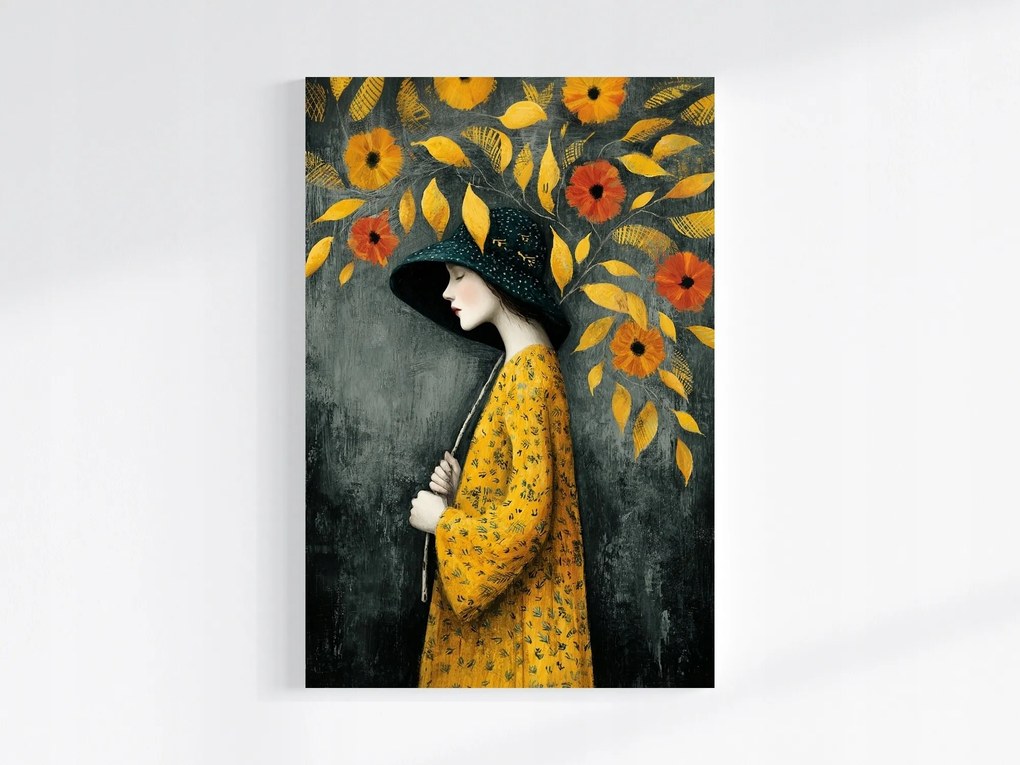 Vászonkép Canvas Grafika Portré Nő Ősz Virágok Levelek 40x60