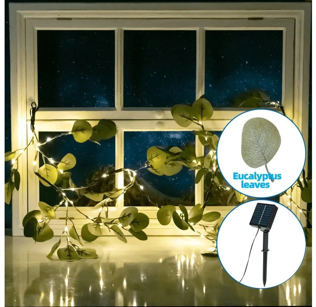 Aigostar - LED napelemes lánc 110 LED/4m IP65 300 mAh meleg fehér eukaliptusz